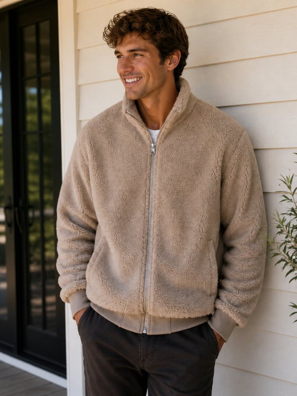 boohooMAN MAN Teddy Fleece Zip Jacket Tan Large Back Graphic